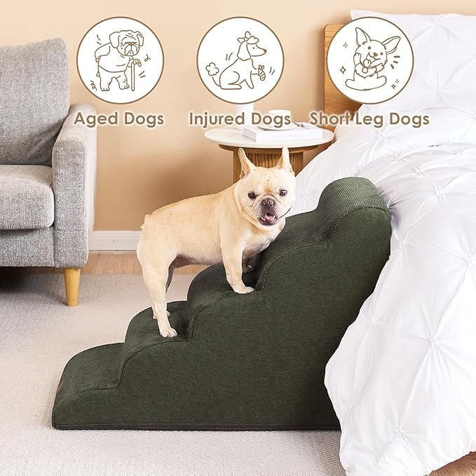 EHEYCIGA Curved Dog Stairs Ramp for High Beds 22.6" H, 5-Step Dog Steps for Small Dogs and Cats, Pet Stairs for High Bed Climbing, Non-Slip Balanced Pet Step Indoor, Olive Green-PurrikoPets