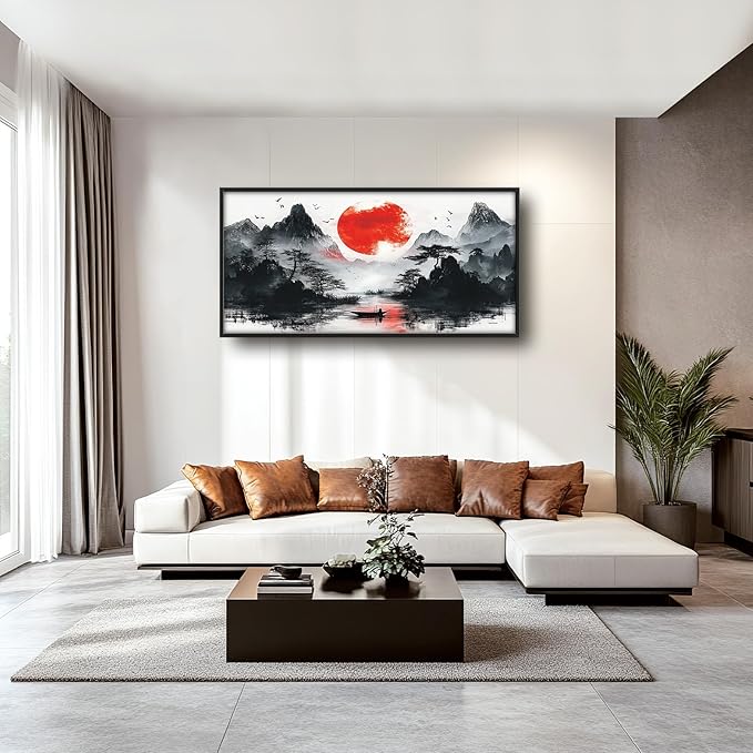 Framed Large Japanese Mountain Wall Art for Living Room, Oversized Asian Red Sun Lake Landscape Wall Decor Nature Canvas Painting Home Decoration for Living Room Bedroom Office 60"x30"-PurrikoPets