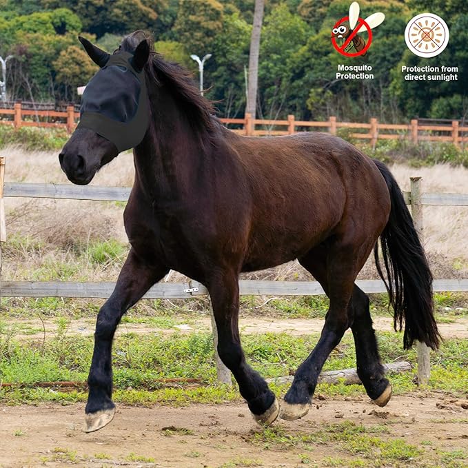 2 Piece Horse Fly Mask with Ears, Comfortable Fit Stretch Fabric Big Eye Space Soft Breathable with UV Protection for Full Horses (Red-Black)-PurrikoPets