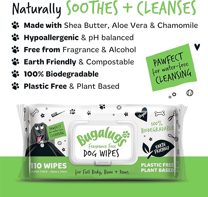 Dog Wipes, 100% Plastic Free Biodegradable pet Wipes for Full Body, Eye Wipes, Ear Wipes, Bum & Paws. 110 Sensitive Dog Grooming Wipes for Dogs, Puppy & cat Grooming (Fragrance Free)-PurrikoPets