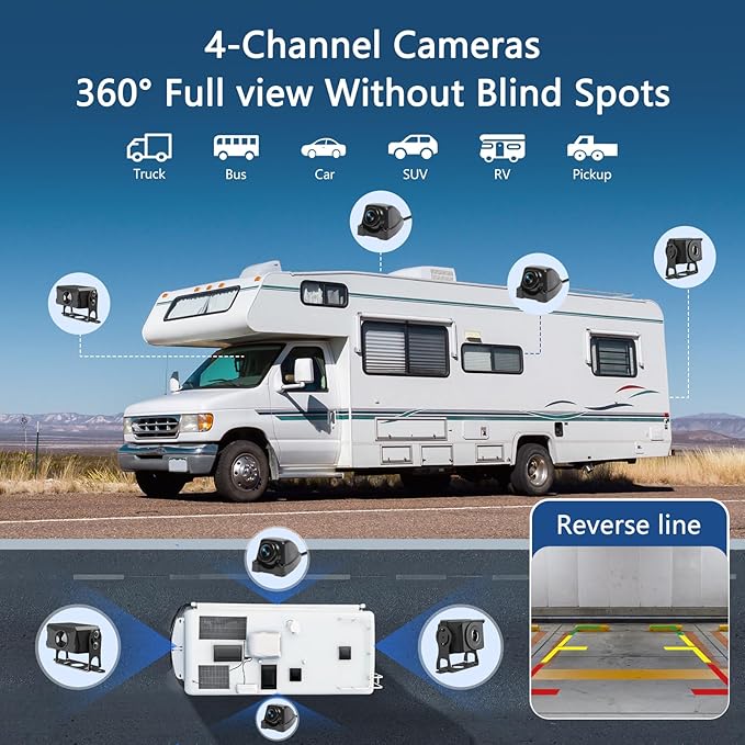 4 Channel Backup Camera System,Touchable 10.26 inch Monitor with DVR Stereo, 64GB Card, IP69 Waterproof, Nightvision 1080P Backup Camera for RV/Truck/Trailer Pickup,Rear Side Front Wired System-PurrikoPets