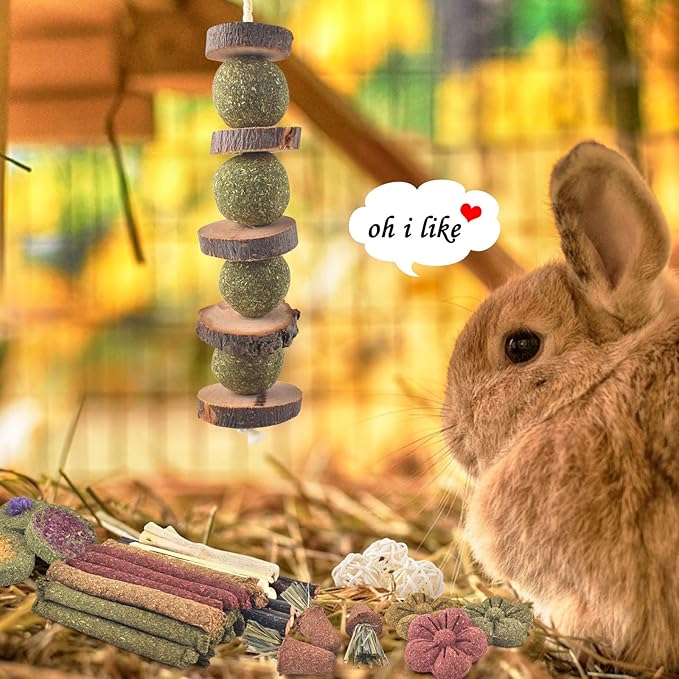 ERKOON Bunny Toys Boredom, 42 PCS Bunnies Timothy Hay Sticks Carrots Rose Grass Cake Dental Care, Molar, Chinchillas Toy Chew Toy, Guinea Pigs, Hamsters, Chinchilla, Rabbit Chew Toys for Teeth-PurrikoPets