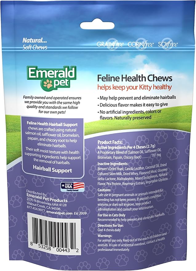Emerald Pet Feline Health Chews Hairball Support — Natural Grain Free Feline Hairball Control Chews — Hairball Control Cat Supplements for Hairball Prevention and Elimination — Made in USA, 2.5 oz-PurrikoPets