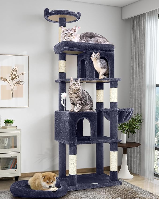 Globlazer Heavy Duty Cat Trees for Large Cats, Sturdy 72in Maine Coon Cat Tree for Large Cats 20 lbs+ Heavy Duty Cat Tower for Adult Biggest Cat with 6 Scratching Posts, Hammock, S72, Smoky Gray-PurrikoPets