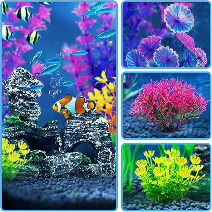 Fish Tank Accessories Aquarium Decorations Plants, 9pcs Colorful Fish Tank Artificial Plants and Cave Rock Decor Set, Aquarium Decor Plastic Plants-PurrikoPets