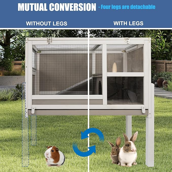 38" L Rabbit Hutch Bunny Cage,Fir Wood Rabbit Cage Indoor Outdoor with Pull Out Tray,Bunny Hutch with Ramp and Hideout,Guinea Pig Cages Rabbit Hutch Indoor with Detachable 4 Legs-PurrikoPets
