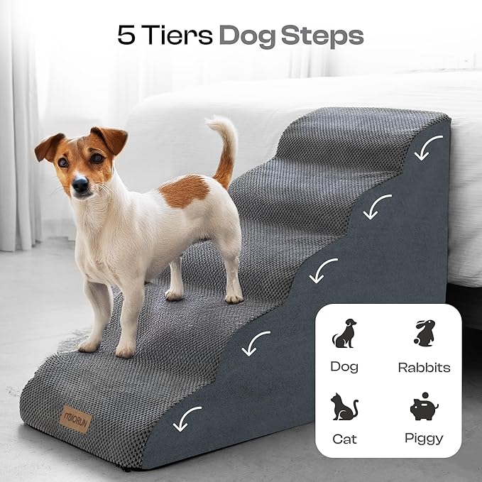 5-Step Curved Dog Stairs for High Beds Up to 30", Non-Slip Foam Pet Ramp for Large Dogs and Cats, Washable Cover, Soft Climbing Steps for Couch & Sofa-PurrikoPets