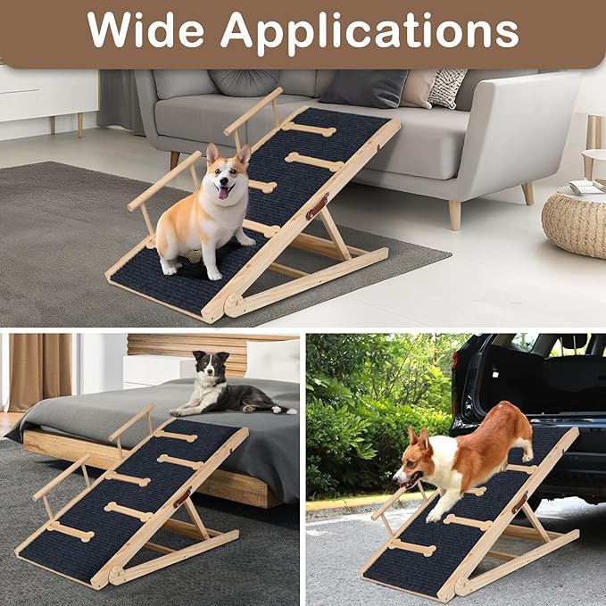 Dog Ramp for Bed, Non-Slip Pet Ramp with 5 Adjustable Heights, Portable Foldable Wooden 40" Long Pet Stairs for Small & Large Old Dogs & Cats - Lightweight & Easy Storage-PurrikoPets