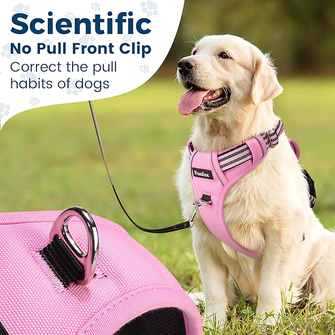 Funfox Dog Harness No Pull, Adjustable Pet Vest Harness, Super Soft Material with Vertical Handle Easy Control, Reflective Night Walking, 2 Leash Clips for Medium Sized Dogs, Pink, M-PurrikoPets