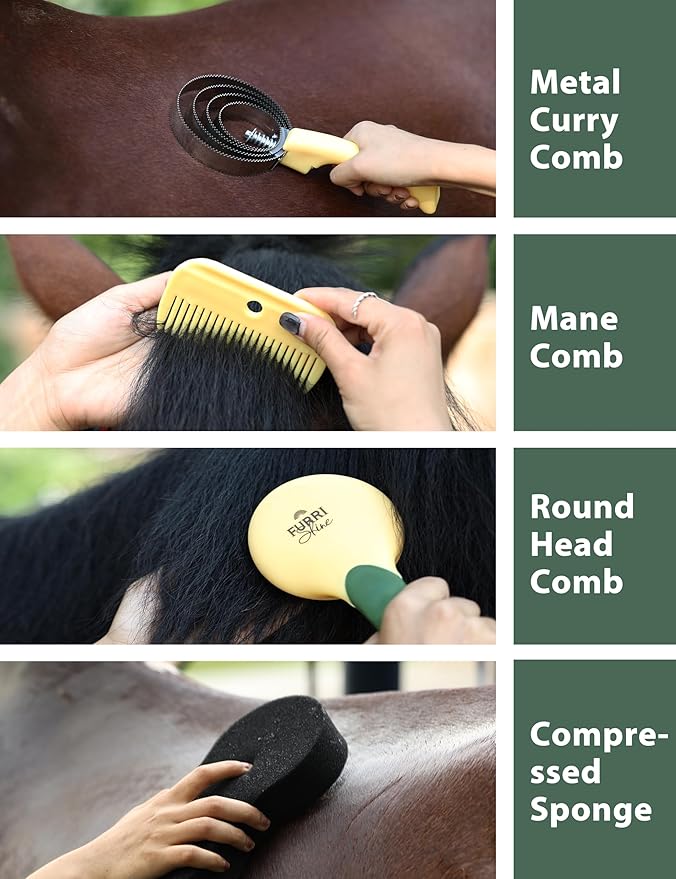 9PCS Horse Grooming Kit Curry Comb Sweat Scraper Horse Bathing Supplies Grooming Tools with Storage Bag Pasture Glow-PurrikoPets
