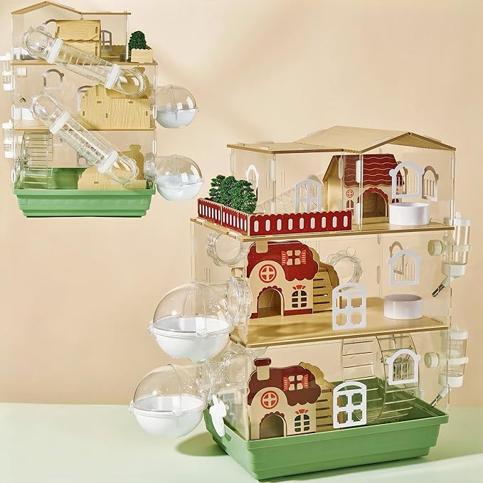 17 in 1 Clear Acrylic Hamster Cage with All Accessories,13.5''L* 10''W* 21''H Dwarf Hamster Cage,Magnetic Connection Small Hamster Enclosure,Garden Style Wooden Pet Mouse Cage for Pet Mice(3-Layer)-PurrikoPets