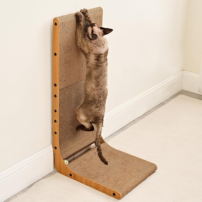 EHEYCIGA Cardboard Cat Scratcher for Indoor Cats, 32 Inch L Shaped Vertical Cat Scratching Board with Ball Cat Toy, Extra Large Cat Scratcher Pad, Brown-PurrikoPets