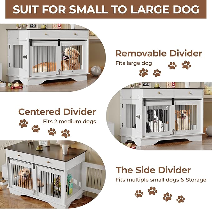 Dog Furniture Crate, 47" Large Dog Crate Furniture w/ 2 Storage Draws & Removable Divider for Large/Medium/Small Dogs (White, Double Cage)-PurrikoPets