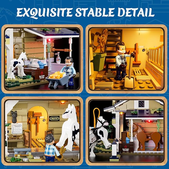 FUNWHOLE Farm Horse-Stable Lighting-Building-Bricks Set - Farm Life Horse Animals Cabin Collection LED Light Cottage Model Display Set 973 Pcs for Adults and Teen-PurrikoPets