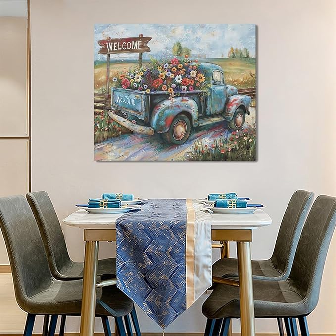 Farmhouse Truck Wall Art Rustic Country Wildflowers Wall Decor Road Flowers Landscape Pictures Canvas Print Painting Artwork for Bathroom Living Room Bedroom 20"x24"-PurrikoPets