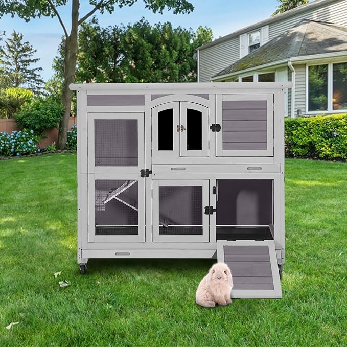 Aivituvin Rabbit Hutch Indoor, Bunny Cage with Wheels, 2-Story Design, 2 Deep Trays, Anti Slip Ramp, Ideal for Small Animals - Grey-PurrikoPets