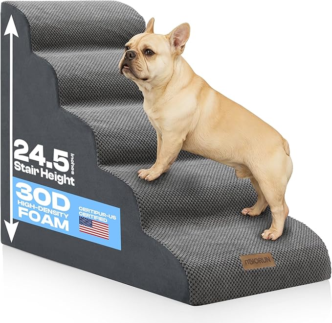 5-Step Curved Dog Stairs for High Beds Up to 30", Non-Slip Foam Pet Ramp for Large Dogs and Cats, Washable Cover, Soft Climbing Steps for Couch & Sofa-PurrikoPets