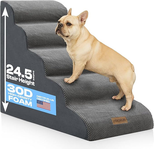 5-Step Curved Dog Stairs for High Beds Up to 30", Non-Slip Foam Pet Ramp for Large Dogs and Cats, Washable Cover, Soft Climbing Steps for Couch & Sofa-PurrikoPets