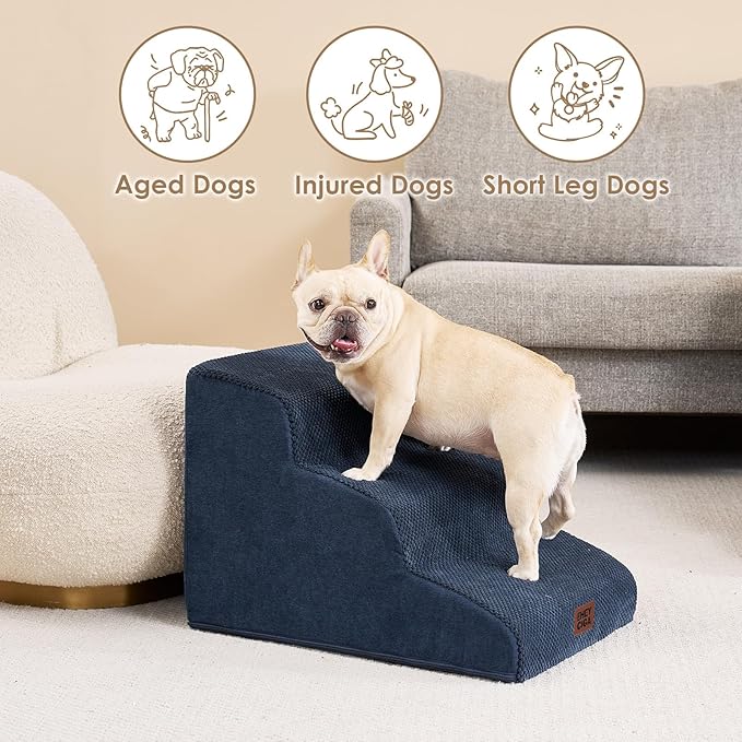 EHEYCIGA Curved Dog Stairs Ramp for Small Dogs 15.7" H, 3-Step Dog Steps for Couch Sofa and Chair, Pet Stairs for Cats, Non-Slip Balanced Pet Steps Indoor, Navy-PurrikoPets