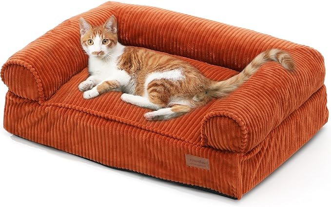 FUKUMARU Dog Couch Bed, Corduroy Cozy Cat Bed for Indoor Cats with Washable Cover, Supportive Waterproof Dog Beds Sofa for Small Dogs and Large Cats Cute, 28inch, Medium, Orange-PurrikoPets