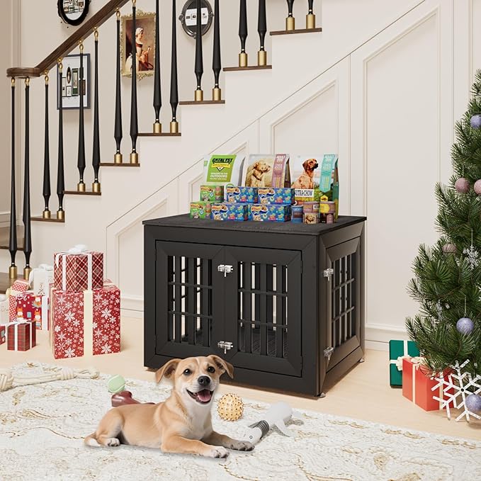 32" Heavy Duty Dog Crate Furniture for Small,Medium and Large Dogs,Rustic Wooden Dog Cage Kennel Indoor Furniture with Waterproof Top,Decorative Pet House Side End Table (Black & Grey)-PurrikoPets