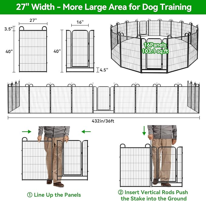 Dog Playpen Outdoor 16 Panels Heavy Duty Dog Fence 40" Height Anti-Rust with Doors Portable for RV Camping Yard, Total 36FT, 102 Sq.ft, Snowy Black-PurrikoPets