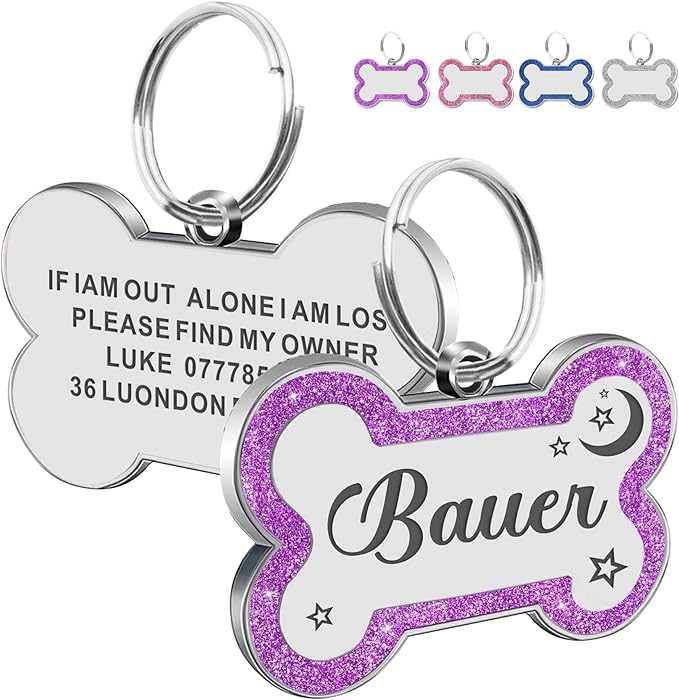 Dog Tags Personalized for Pets Dog Name Tags Personalized Dog Tag Engraved with Any Name & Text Custom Dog ID Tags Glitter Bone ID Tag for Puppy Cat (Purple L, Bone)-PurrikoPets