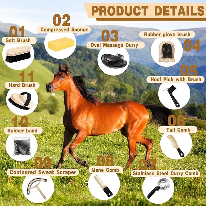 Abbylike 12 Pieces Horse Grooming Kit Racing Festival Tack Room Supplies Horse Brush Sets Equine Care Cleaning Kit Shedding Grooming Massaging Tools(Black)-PurrikoPets