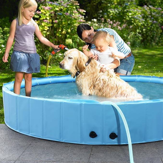 87" Large Dog Pool with Sprinkler, 2-in-1 Foldable Swimming Pool Non-Slip Hard Plastic Splash Sprinkler Kiddie Pool for Outdoor Backyard Kids Dogs Ducks and Pet Baths-PurrikoPets