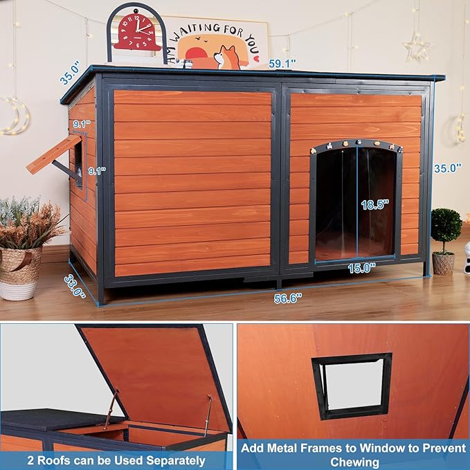 Extra Large Dog House Outdoor 59.1" L Outside Insulated Dog Kennel Weatherproof Winter, 6 Sides All-Round Foam for Small Medium Large Extra Large Dogs, Strong Metal Chew Proof Frame Window-PurrikoPets