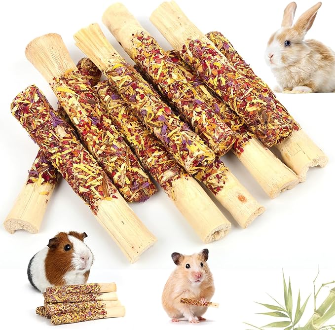 Abizoo Natural Rabbit Chew Toys,10 Sticks Sweet Bamboo Sticks for Rabbits with Petals,Bunny Chew Toys for Guinea Pig,Chinchilla,Hamster Treats Pet Wood Chews Snack Healthy Small Animals Toys for Teeth-PurrikoPets