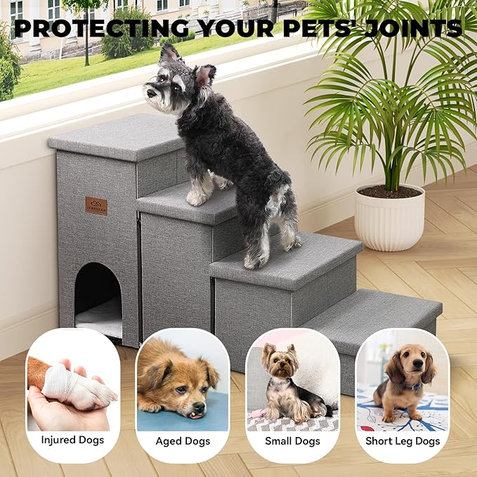 Dog Stairs 23" H, 4-Step Wider Dog Steps for High Beds Window, Folding Storage Pet Stairs Gift for Small/Medium/Large Old Dogs Cats, Ramp for Climbing Car Up to 200 lbs (Gray, with Condo)-PurrikoPets
