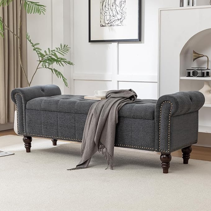 58’’ Storage Bench for Bedroom, Upholstered Button-Tufted Ottoman with Solid Wood Legs, Large End of Bed Shoe Cabinet, Window Seat Foot Rest Stool for Entryway, Closet, and Living Room (Dimgray)-PurrikoPets