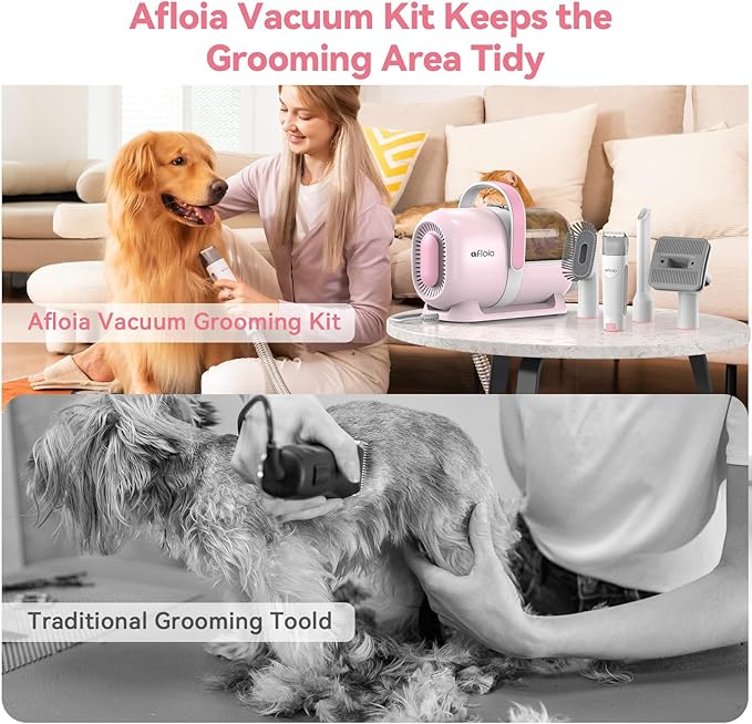 Afloia 6-in-1 Dog Grooming Kit, Pet Grooming Vacuum for Shedding, Dog Hair Vacuum with Clipper Nail Trimmer Grinder, Pet Brush Groomer at Home, Low Noise Cats Hair Remover, 1.5L Dust Cup, Pink-PurrikoPets