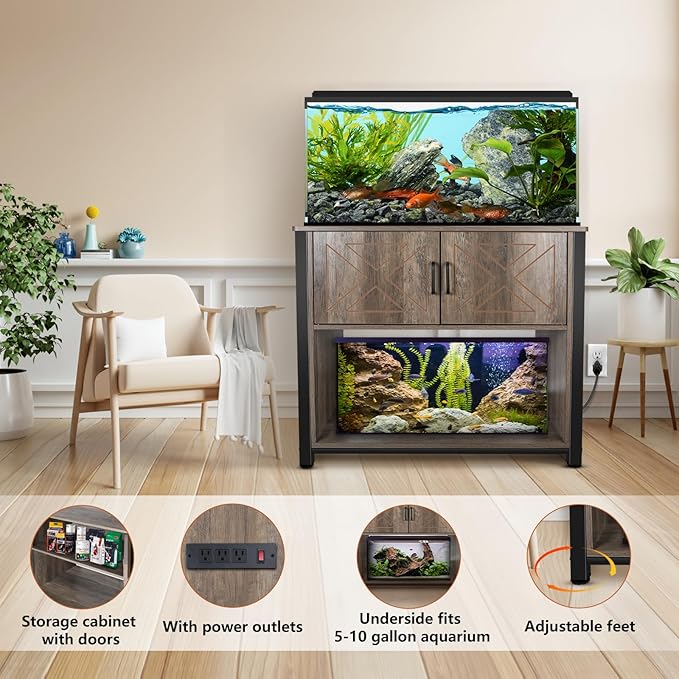 40 Gallon Aquarium Stand with Cabinet & Power Outlets, Heavy Duty Metal Stand for 40-50 Gallon Breeder & Turtle Tanks, Double Terrarium Stand, 660LBS Capacity, Grey-PurrikoPets