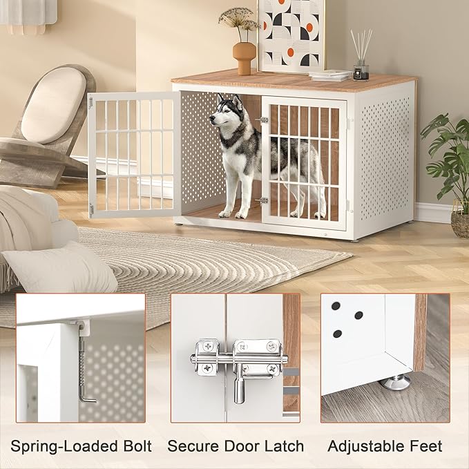 42" Heavy Duty Dog Crate Furniture for Large Dogs, Metal Kennel for High Anxiety Dogs, White Wooden Cage Furniture Indoor, Decorative Dog Kennel End Table, XL-PurrikoPets