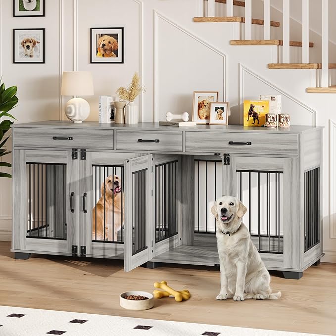 71 Inch Dog Crate Furniture for 2 Rooms, Wooden Double Crate Large Breed with Door, Dog Kennel Indoor, TV Stand End Table with Divider for Large Medium Dogs,Grey-PurrikoPets