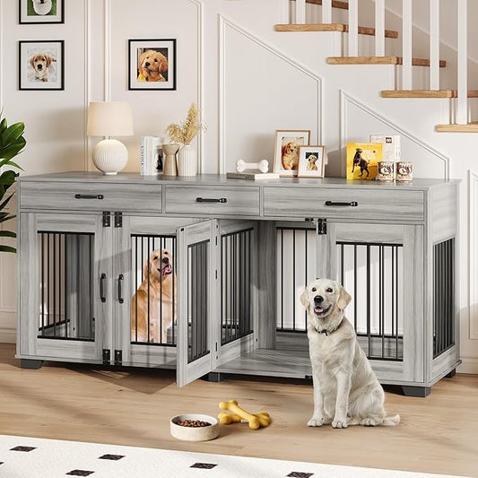 71 Inch Dog Crate Furniture for 2 Rooms, Wooden Double Crate Large Breed with Door, Dog Kennel Indoor, TV Stand End Table with Divider for Large Medium Dogs,Grey-PurrikoPets