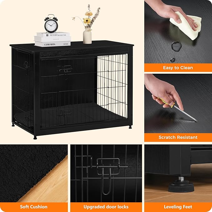DWANTON Dog Crate Furniture with Cushion, Wooden Kennel Table with Double Doors, Indoor Dog House, Large Size, 38.5" L, Black-PurrikoPets