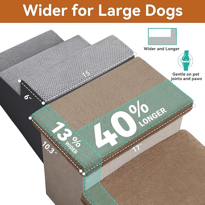 Dog Stairs with Furry Lids 18" H, 3-Step Wider Dog Steps with Storage for Small/Medium/Large Old Dogs Cats, Folding Sturdy Pet Stairs Climbing Bed Couch, Ramp for Car Up to 200 lbs, Khaki-PurrikoPets