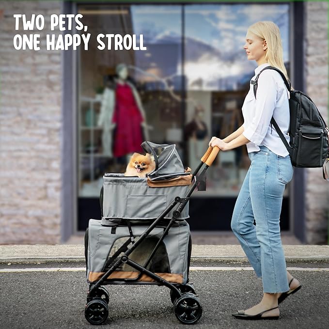 Double Pet Stroller with Detachable Carriers - Ideal for 2 Dogs or Cats - Compact & Convenient Design - Easy Assembly Double Dog Stroller - Graphite Gray-PurrikoPets