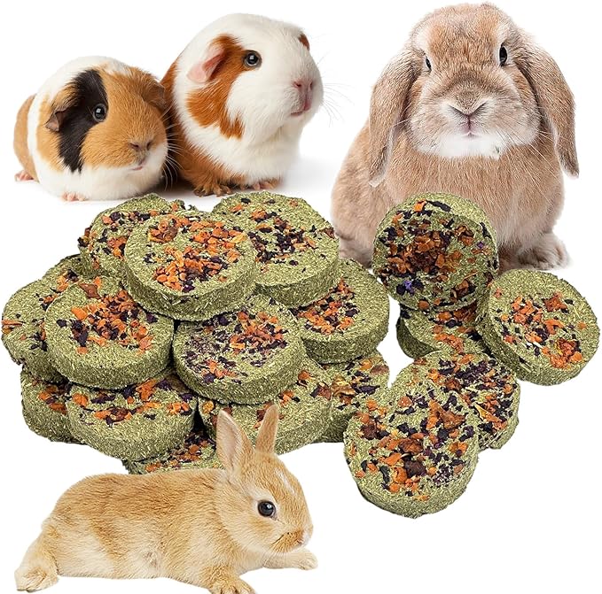 Fhiny 24 PCS Rabbit Chew Toys, Natural Timothy Hay Carrot Pumpkin Purple Potato Biscuit Cubes Bunny Chew Treats for Teeth Care Small Animals Molar Snacks for Hamster Guinea Pig Chinchilla Rat-PurrikoPets