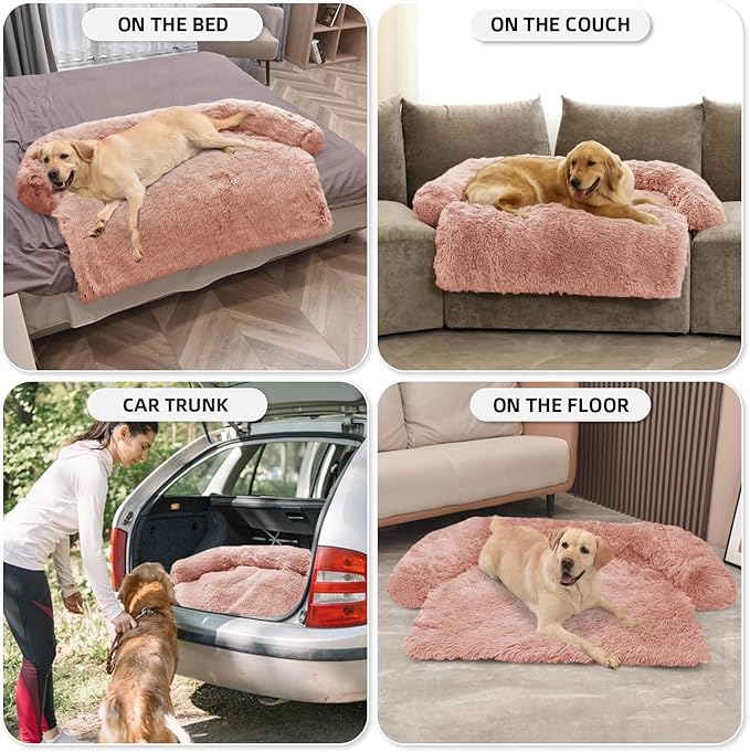 GGIB Calming Dog Bed Fluffy Plush Dog Mat for Furniture Protector with Removable Washable Cover for Large Medium Small Dogs and Cats (Extra Large (53x39.3x6), Pink)-PurrikoPets