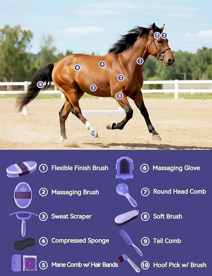11PCS Horse Grooming Kit Curry Comb Sweat Scraper Horse Bathing Supplies Grooming Tools with Storage Bag Sugar Taro-PurrikoPets