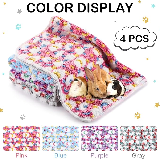 4 Pcs Waterproof Guinea Pig Blankets Washable Small Animal Fleece Bedding Absorbent Guinea Pig Cage Liners Reusable Pet Pee Pad Sleep Mat Pad Cover for Hamster Ferret (Moon Star Pattern,12 x 12 Inch)-PurrikoPets