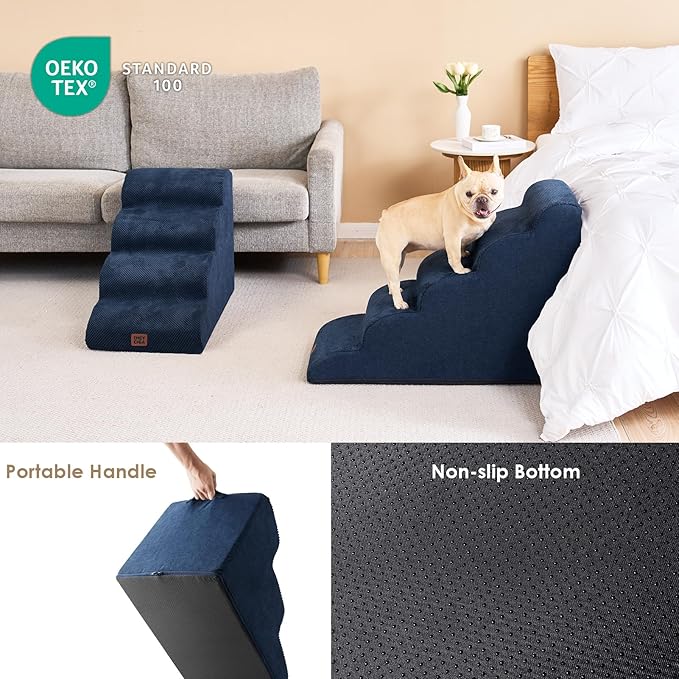 EHEYCIGA Curved Dog Stairs Ramp for High Beds 22.6" H, 5-Step Dog Steps for Small Dogs and Cats, Pet Stairs for High Bed Climbing, Non-Slip Balanced Pet Step Indoor, Navy-PurrikoPets