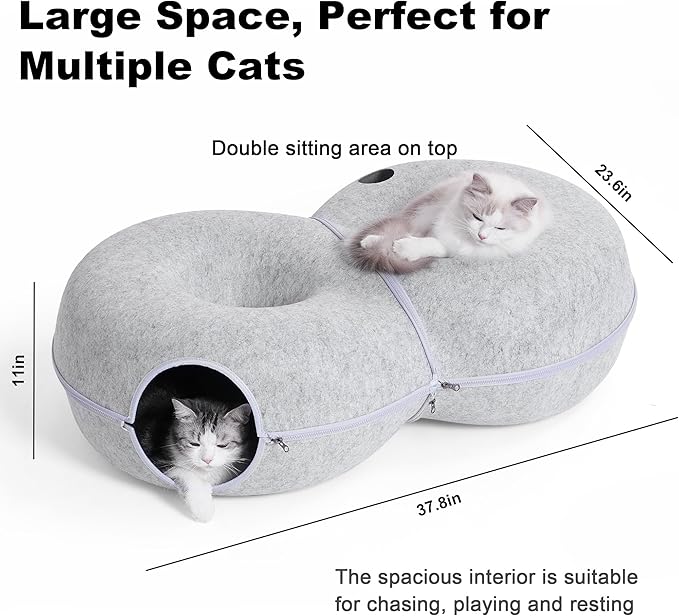 8-Shaped Large Cat Tunnel Bed for Indoor Cats, Infinite Circulation Peekaboo Cat Cave with 12 Toy Balls, Cat Donut Tunnel for Cats up to 30 Pounds (Light Grey, L 38x24x11in)-PurrikoPets