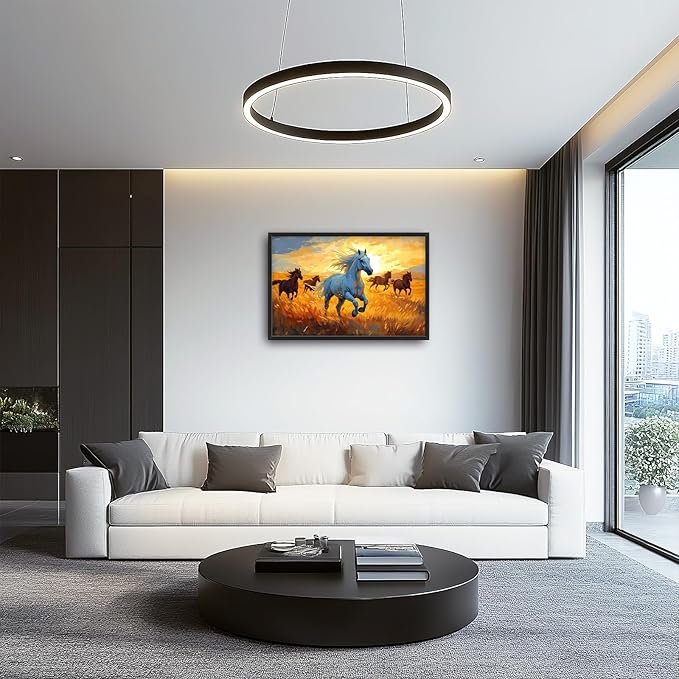 Framed Large Horse Wall Art for Living Room, Oversized Running Horses Wall Decor, Sunset Field Landscape Canvas Painting Home Decoration for Living Room Bedroom Dining Room Office 36"x24"-PurrikoPets