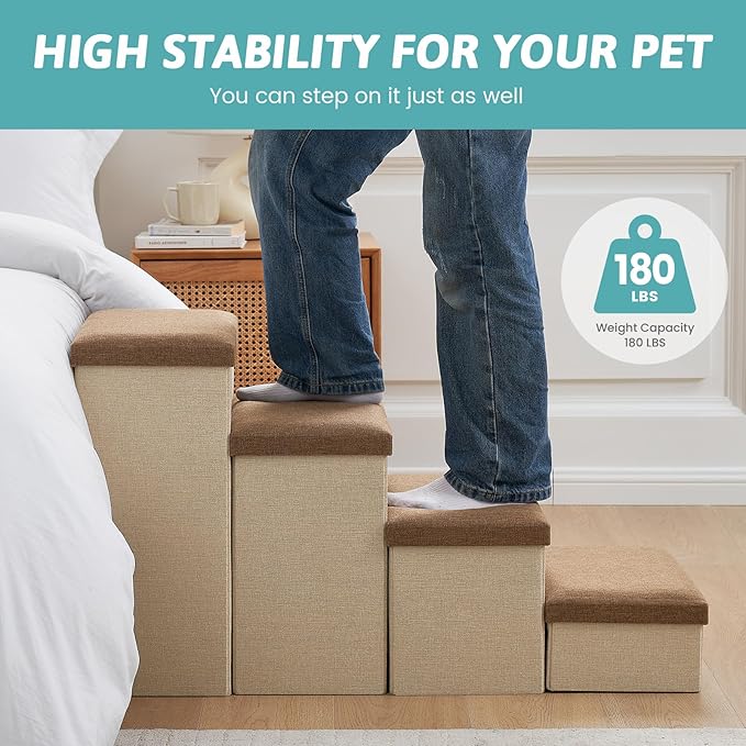 Dog Stairs with Storage, 4-Step Wider Sturdy Dog Steps for Small/Medium/Large Dogs and Older Cats, Folding Doggie Ramp for Bed/Couch/Car Hold Up to 180 lbs (22" H, Brown)-PurrikoPets