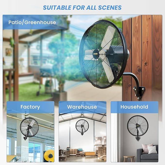 24'' Outdoor Wall Mount Fan, 4 Speed Oscillating Wall Fan with All Sealed Brushless DC Motor, Heavy Duty Industrial Fans, Waterproof Fans for Patios, House, Garage, Commercial, Warehouse, Factory-PurrikoPets